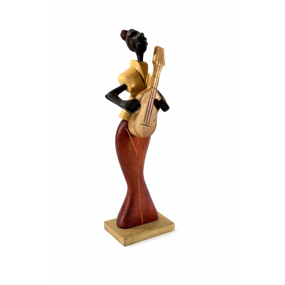 Hand Carved Wooden Woman Guitar Player Figurine 9.5” African Style Musician